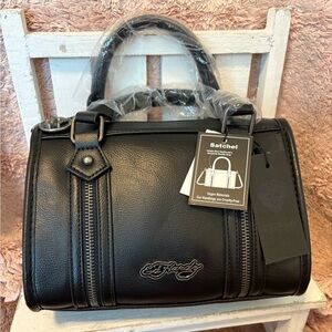 Ed Hardy Black Vegan Leather Satchel with Dual Zipper Accents